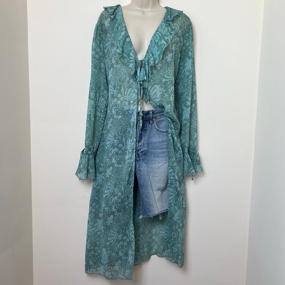 Wild Fable Blue Sheer Flowy Floral Print Ruffle Long Front Tie Duster Top Large